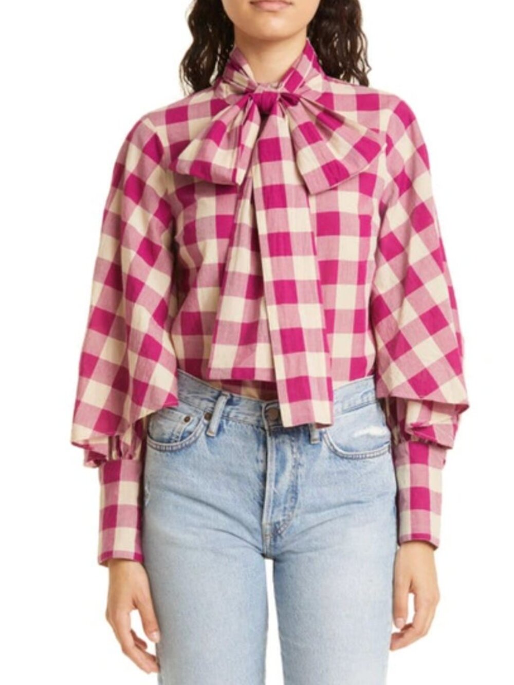 MILLE Gigi Gingham Tie Neck Top Raspberry Plaid Size Medium